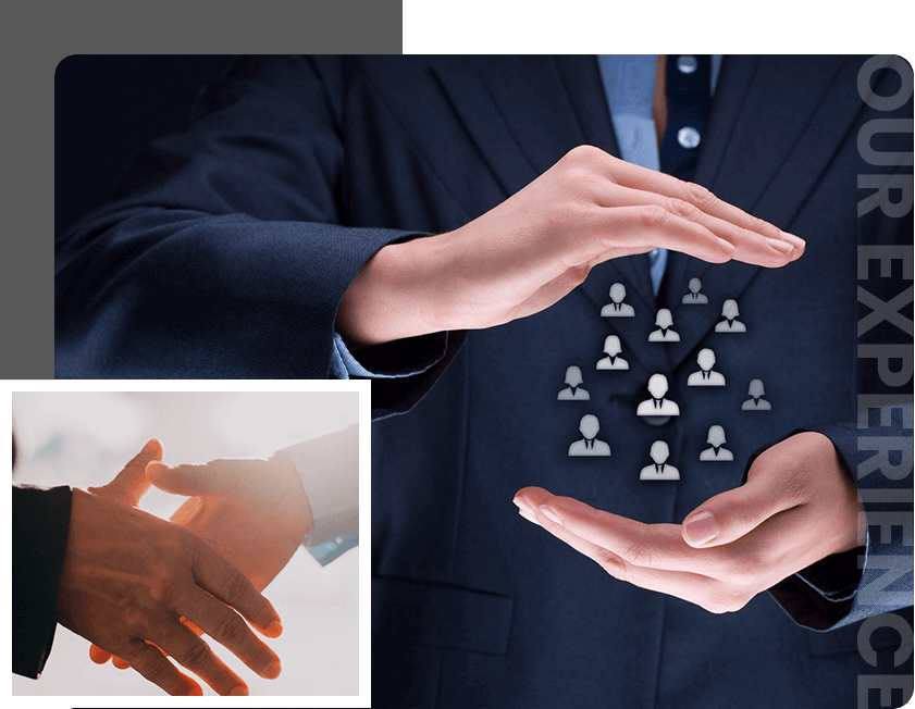 Businessman protecting a virtual network of people icons with his hands.