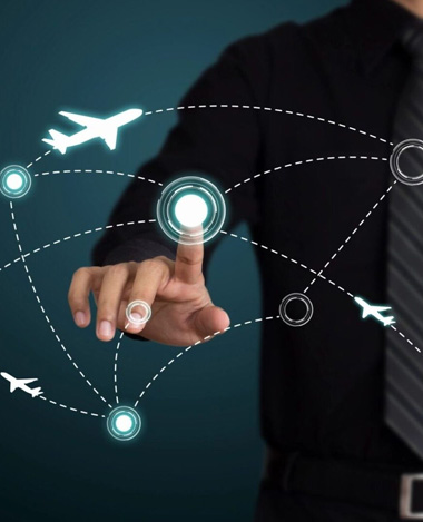 Businessman interacting with digital aviation network interface.